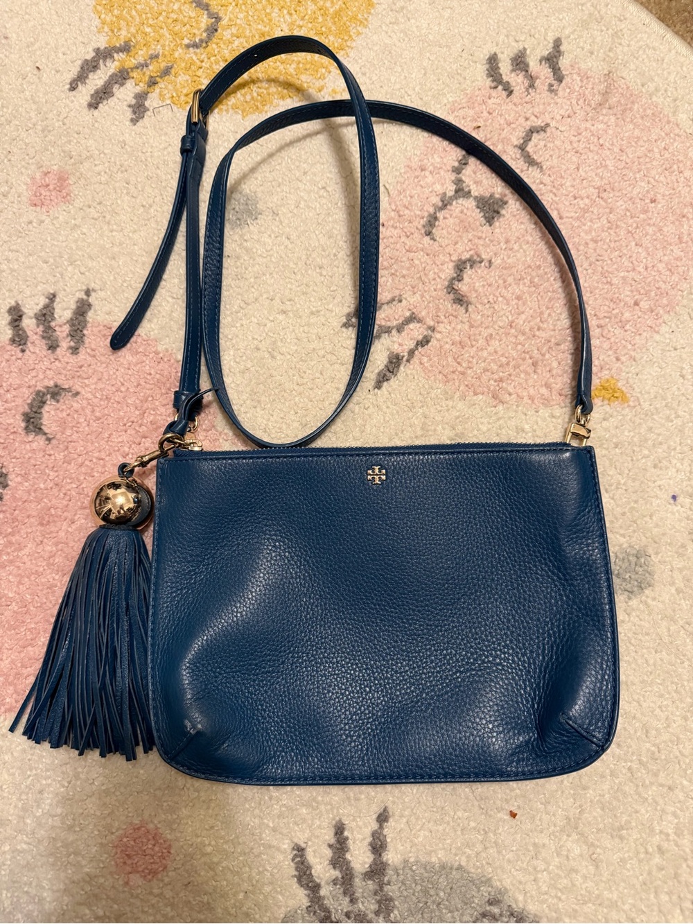 Tory Burch Deep Blue Pebbled Leather Crossbody with Tassel Charm